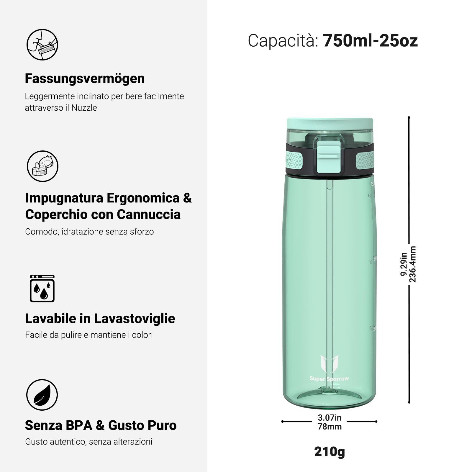 Super Sparrow Borraccia - TouchSip Sportiva Bottiglia - 500ml/750ml/1L - Tritan Senza BPA, a Prova di Perdite - Borracce con Cannuccia Ideale per Scuola e Sport