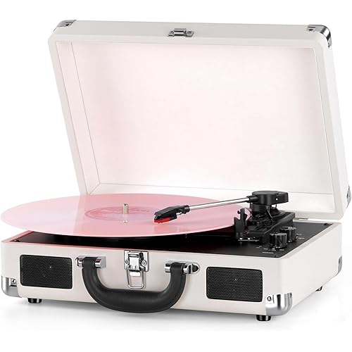 Vinyl Record Player Bluetooth 3-Speed Portable Vintage Suitcase with Built-in Speakers, RCA Line Out AUX in Headphone Jack Vintage Turntable, White
