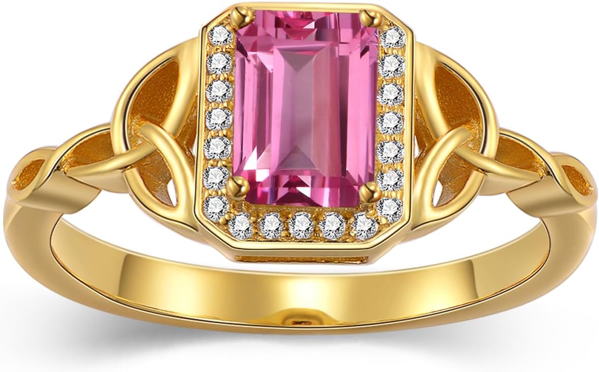 10K 14K 18K Gold Celtic Knot Rings for Women 1CT Emerald Cut Gemstone Halo Ring Promise Statement Anniversary Ring for Her Size 4-15