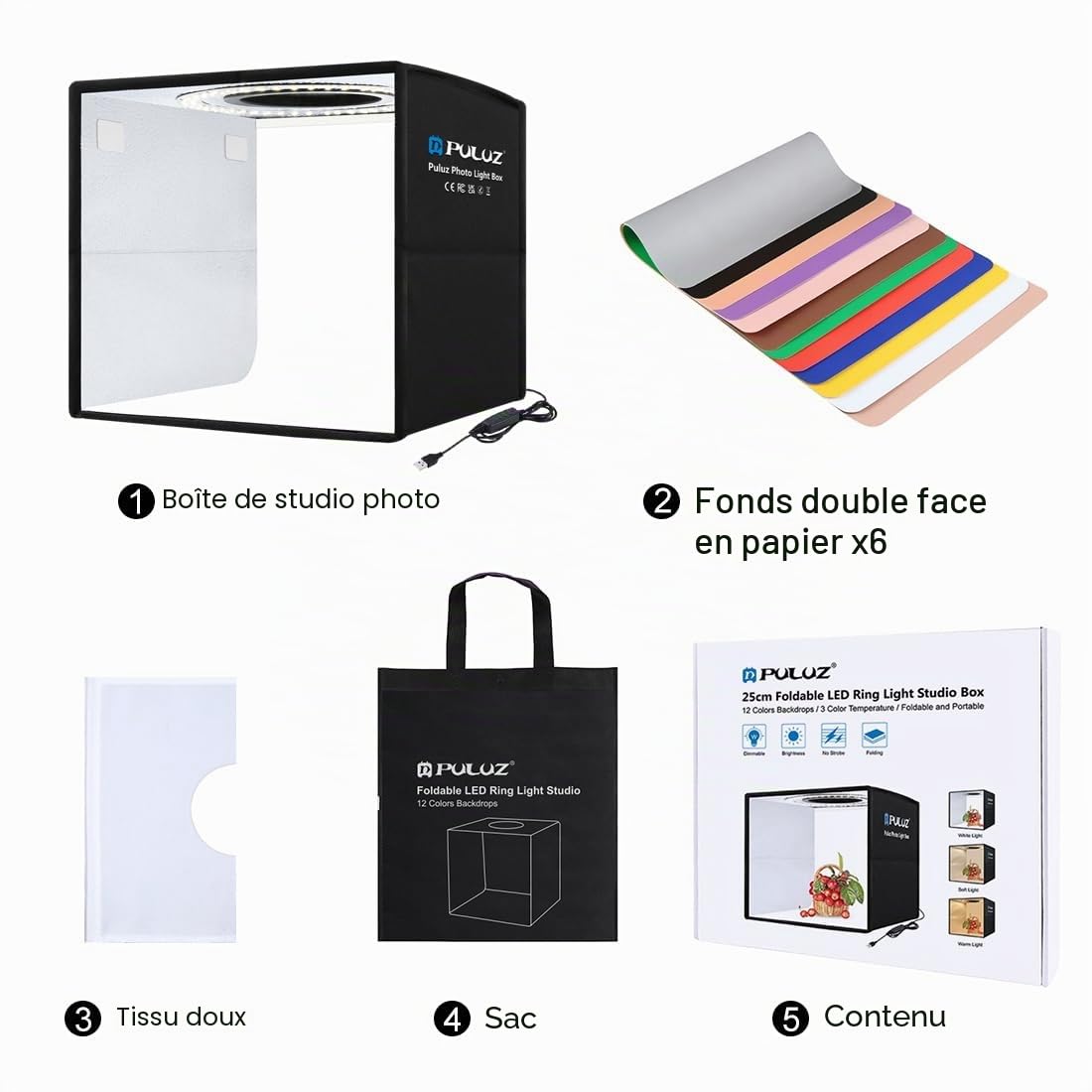 25cm Studio Photo Tir Boîte Boîte à Lumière Photo Eclairage Tentes Box de Shooting Petite boîte de Prise de Vue PULUZ Portable pour Professionnel avec 12 arrière-Plans de Couleurs