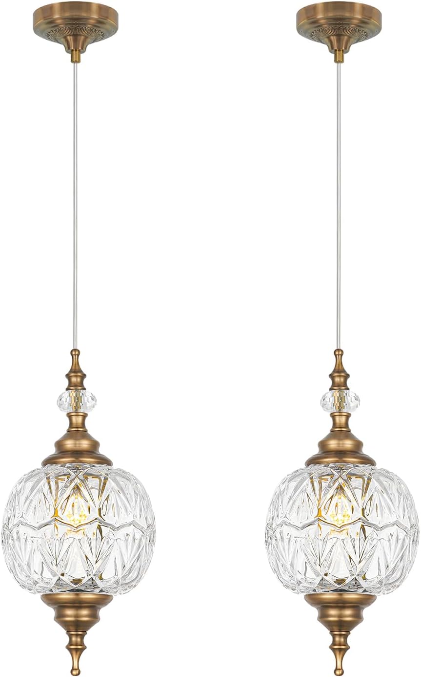 Vintage Pendant Lights Kitchen Island Set of 2, Brass Bathroom Pendant Light with Detachable Glass (5.91in), Modern Classic Adjustable Hanging Light for Kitchen, Hallway, Table, G9 Base, Brown Bronze Gold