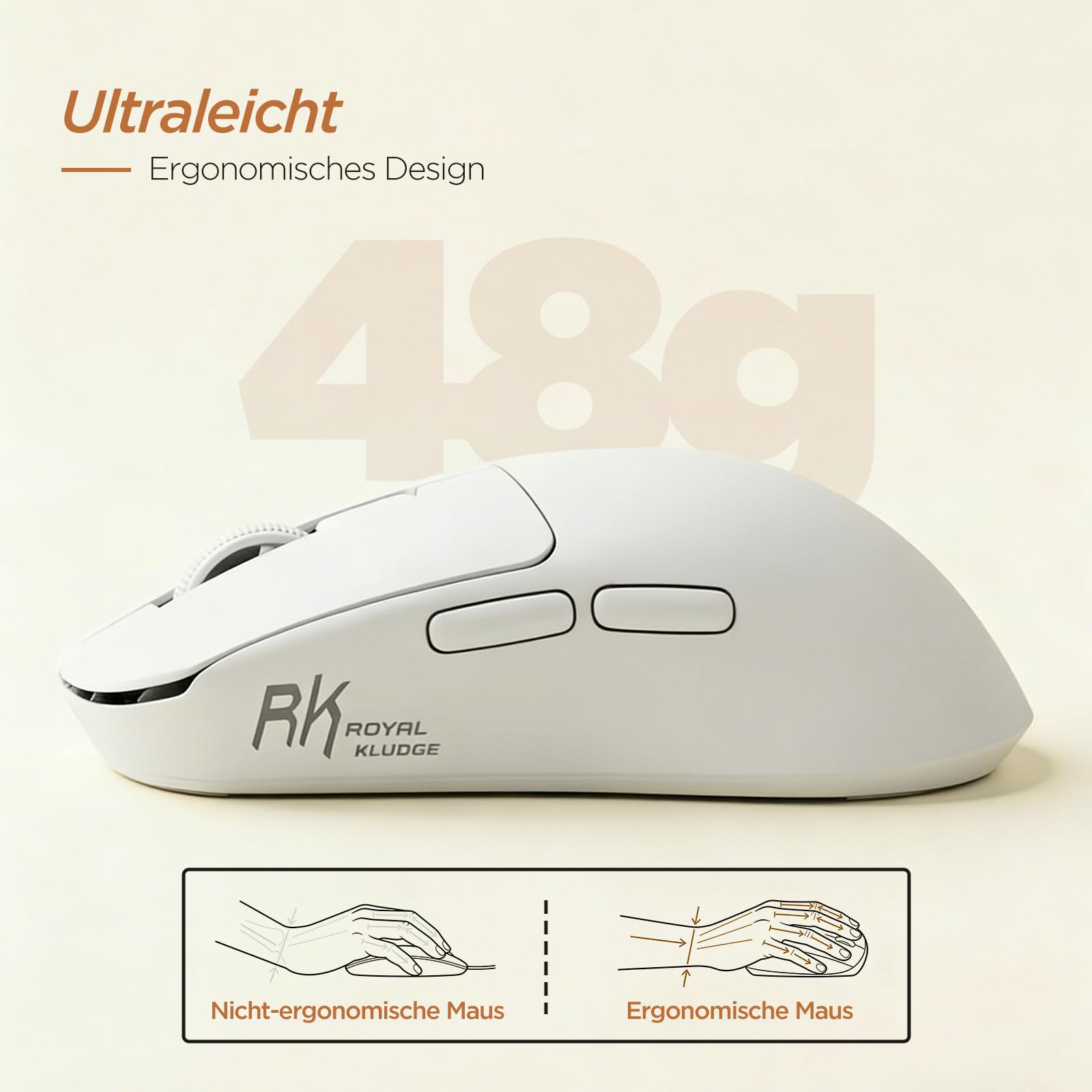 RK ROYAL KLUDGE MO3 Gaming Maus Kabellose PAW3809 6K DPI 48g leichte Computer Maus Bluetooth/2.4G/Kabel wiederaufladbare Wireless Mouse mit 5 programmierbaren Tasten, leisen Klicks für Laptop/PC, Weiß