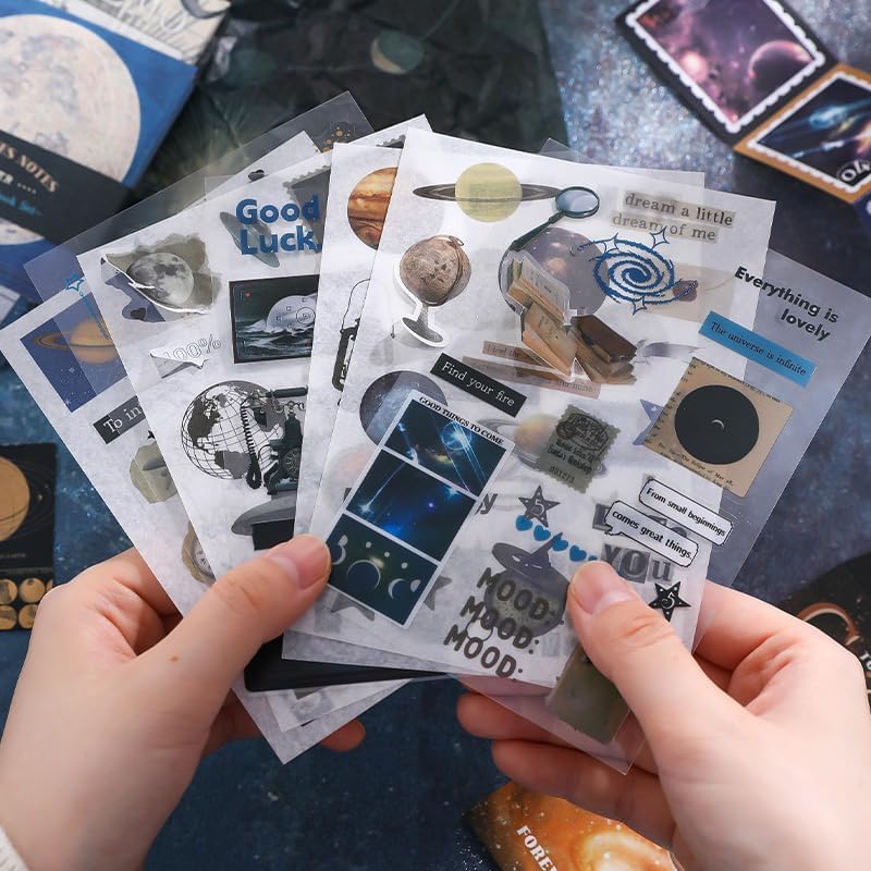 Image of MGNLR Vintage Aesthetic Scrapbook Kit(346Pcs) Scrapbooking Supplies Kit with Bullet Junk Journal,Stationery,A6 Grid Notebook Journaling Gift for Girl (Black Space Cosmos)