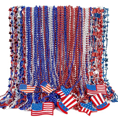 Independence Day Necklace Accessories, 200PCS 4th of July Bead Necklaces, Patriotic 4th of July Red Blue White Necklace USA Hat Flags Pendant, Metallic Necklace for Memorial Day Parades Party Favors