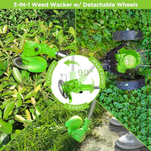 Cordless Weed Wacker, Electric Weed Eater Battery Operated String Trimmers Lawn Edger Tool 2.0Ah Battery Powered Lawn Edger Grass Mower Foldable Stick Electric Mower w/Wheels