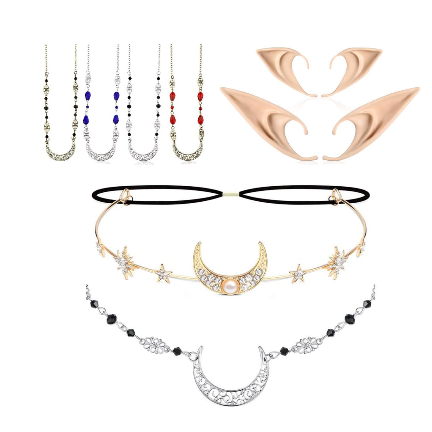 WIIPU 6pcs Boho Moon Head Chain Vintage Jewelry Headband Crystal Headpieces Moon Star Hair Accessories with 2pcs Elf Ears Cosplay Fairy Pixie Elf Halloween Party Accessories, Gold