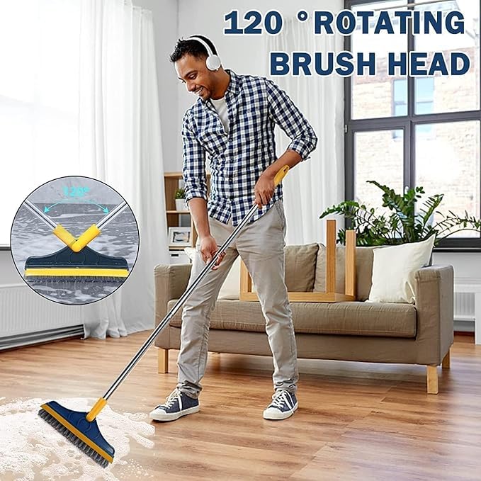 Image of 2 in 1 Toilet Bathroom Cleaning Brush with Wiper and Long Handle - 180 Rotate Floor Scrub Brush for Tiles, Home Kitchen Bathroom Accessories
