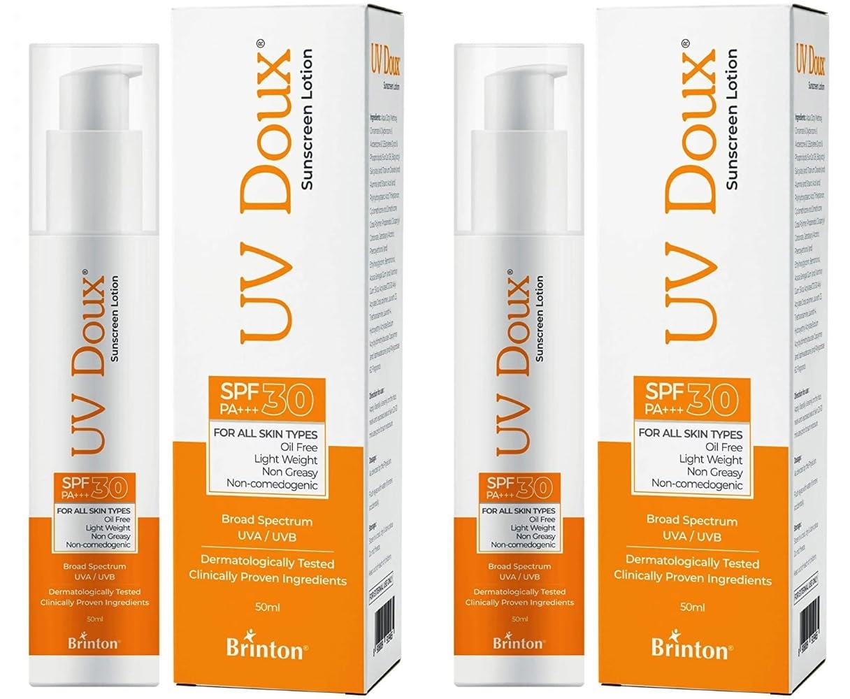 Brinton UvDoux Sunscreen Lotion with SPF 30 in Oil Free Formula| Light Weight & Non Greasy Sunscreen|Protection against UVA/UVB Rays| For All Skin Types- 50 ML x Pack of 2