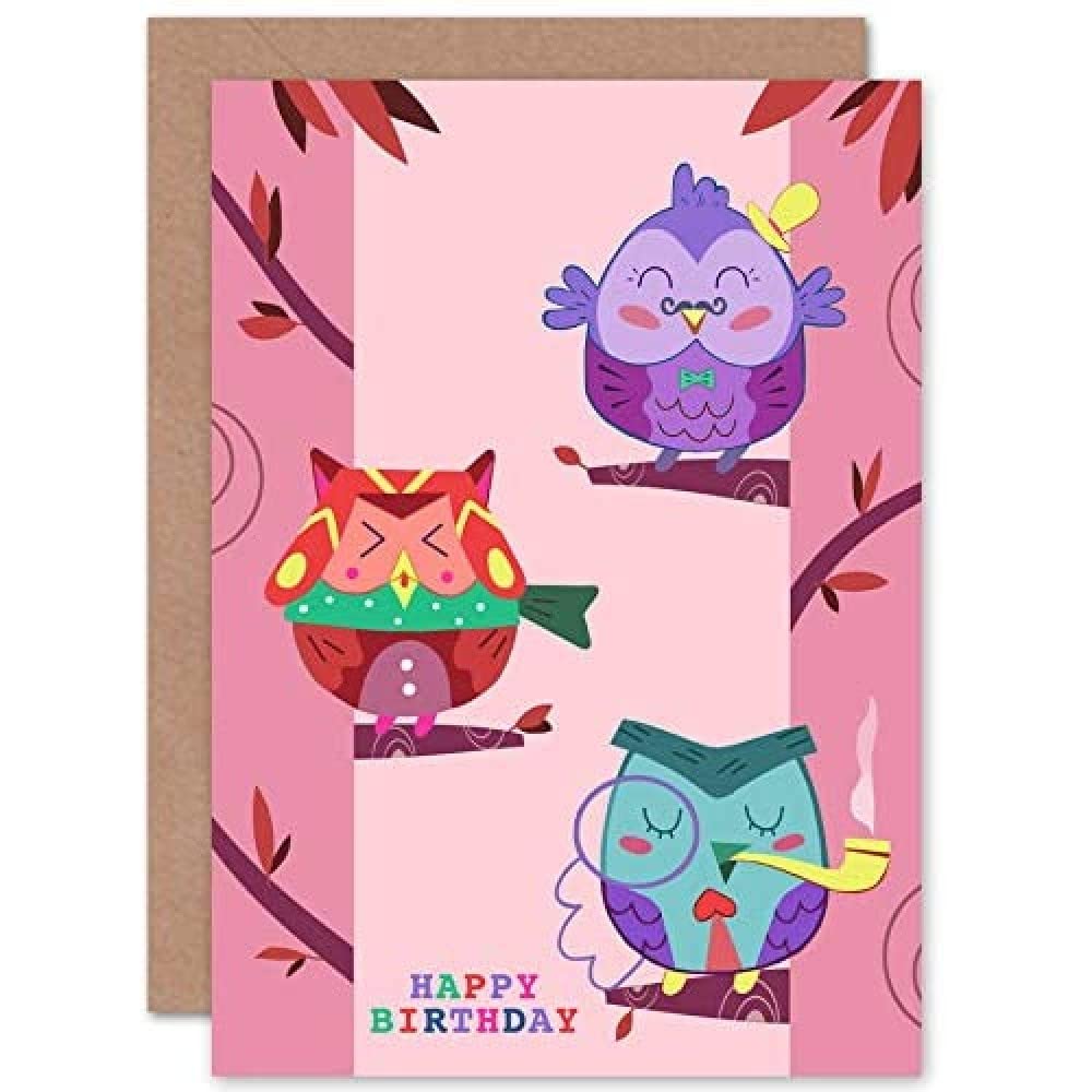 Wee Blue Coo Kawaii Owls Trees Happy Birthday Greeting Card With Envelope Blank Inside Premium Quality