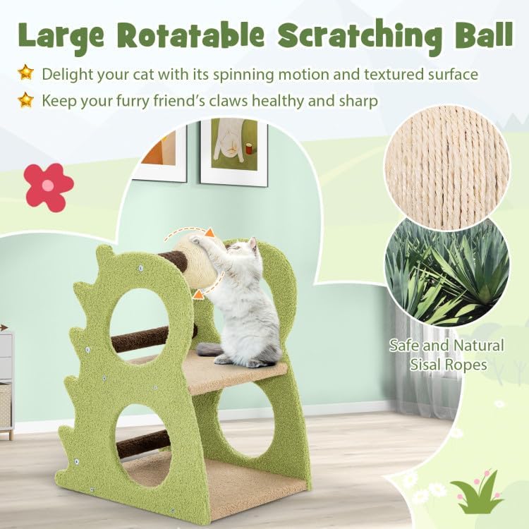 2-Tier Modern Cat Tree for Indoor Cats, Compact Cat Tower with Rotatable Sisal Scratching Ball, Multi-Level Climbing Perch and Cozy Resting Platform for Small Spaces
