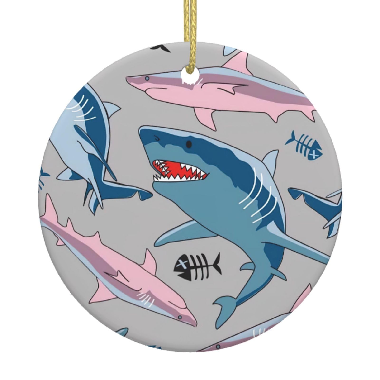 Blue Cartoon Fish Print Christmas Ornaments, Ceramic Hanging Ornament, Round Shape Decorations