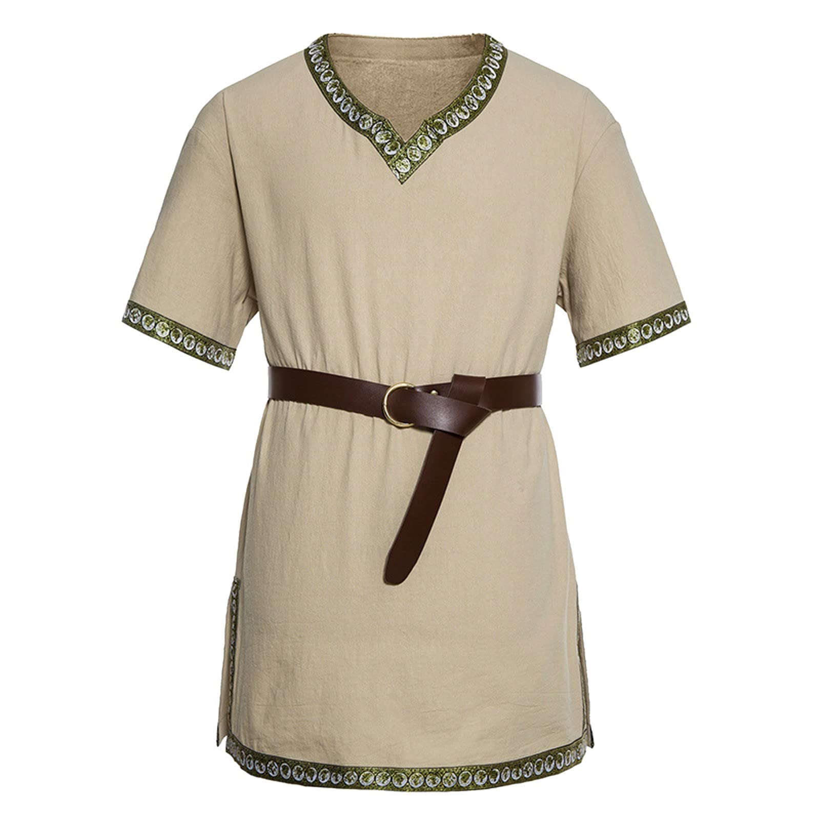 Duohropke Viking Shirt Men's Linen 6XL Medieval Shirt Short Sleeve Viking Tunic 4XL Long Medieval Tunic Short Sleeve Summer Tunic Medieval Costume, 01 Khaki, L — image 1