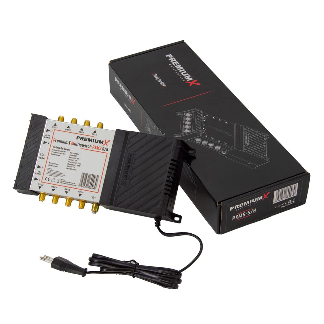 Premium X PXMS Multiswitch 5/8 con alimentador - Distribuidor de señales satelitales para 8 usuarios - Compatible con Digital HDTV FullHD 4K UHD 8K