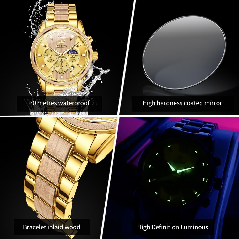 OLEVS Men Watch Stainless Steel Wood Accent Multi Function Dial Luminous Waterproof Casual Luxury Business Watch - Image 5
