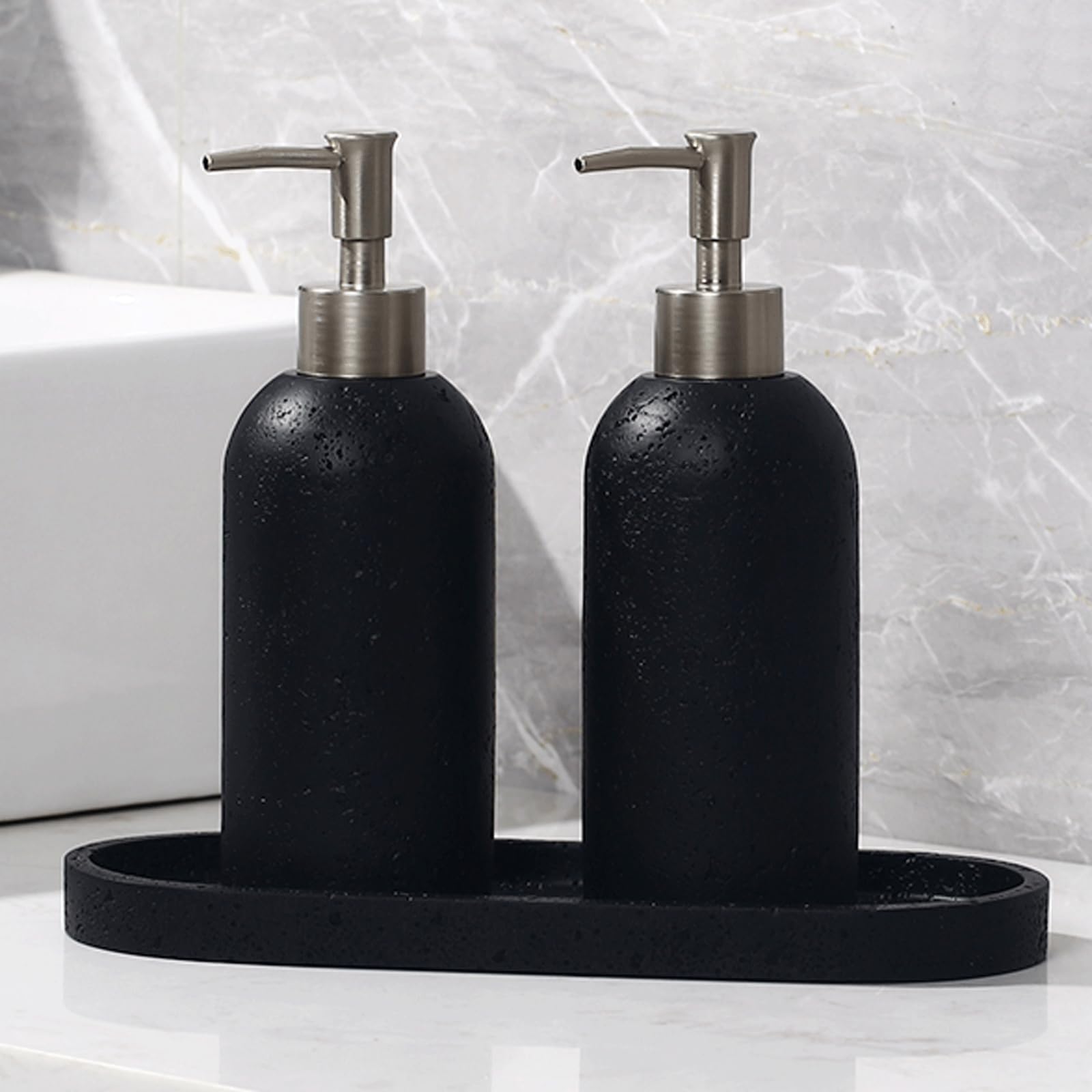 Distributeur de savon liquide en grès avec 2 distributeurs et 1 plateau – Distributeur de lotion et de savon pour les mains et la vaisselle pour cuisine, salle de bain, comptoir de décoration