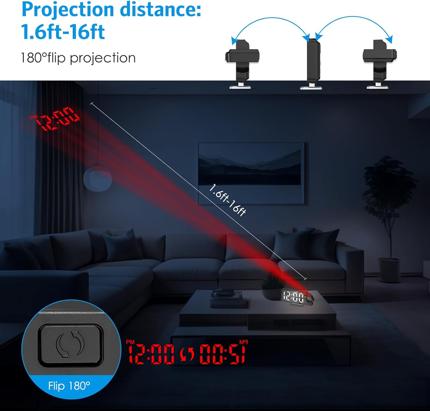 AMIR Projection Alarm Clock showing projection distance and 180 degree flip feature