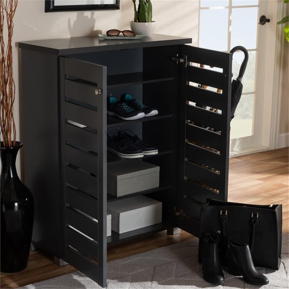 BOWERY HILL 2-Door Wood Shoe Cabinet, Dark Gray Finish, Ventilated Slatted Doors, Holds up to 15 Pairs, 4 Shelves, Contemporary Style Entryway Storage Furniture