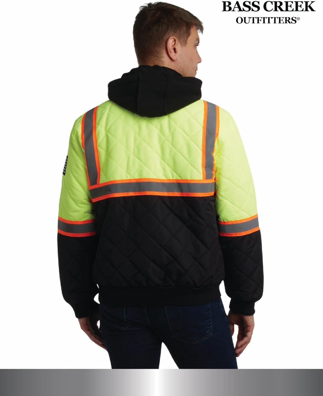 Bass Creek Outfitters Mens High Visibility Jacket - Quilted Hi Vis Bomber Safety Work Jackets for Men with Fleece Hood
