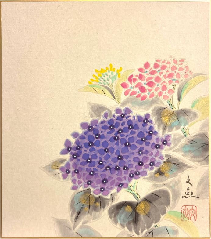 Amazon.co.jp: 中谷文魚 「 紫陽花 」 色紙絵 絵画 日本画 初夏の色紙