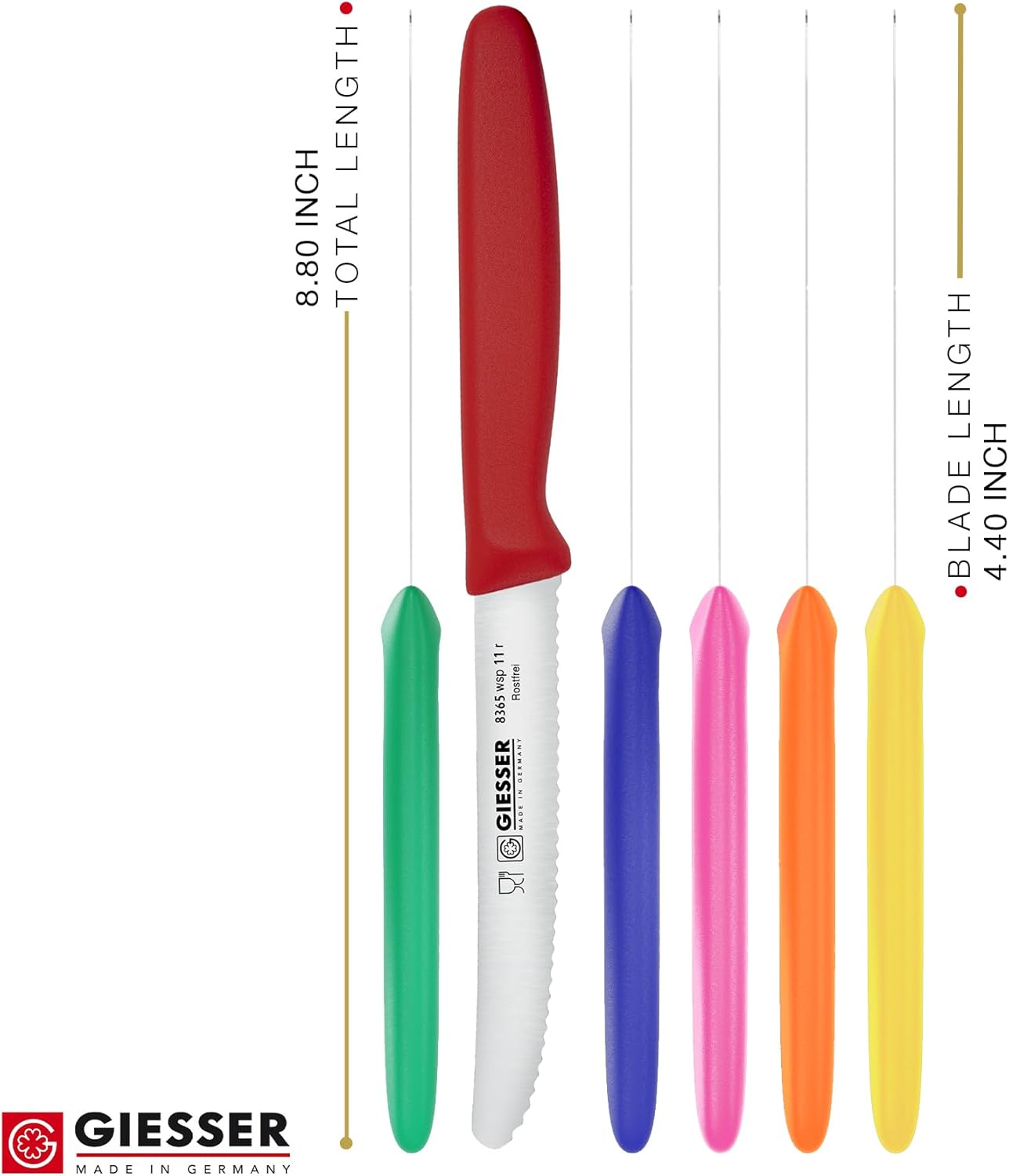 Giesser since 1776, Made in Germany, Serrated kitchen knives round tip dishwasher safe 4.5 inch - Tomato knife, Steak knive set of 6 (MIX Color)
