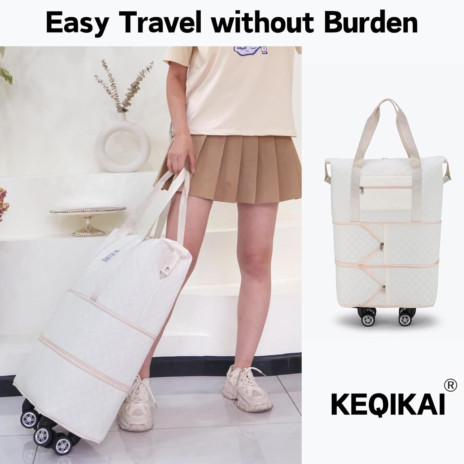 Rolling Duffle Bag with Wheels, Detachable Spinner Wheels, Wet Pocket, Beige - Image 8