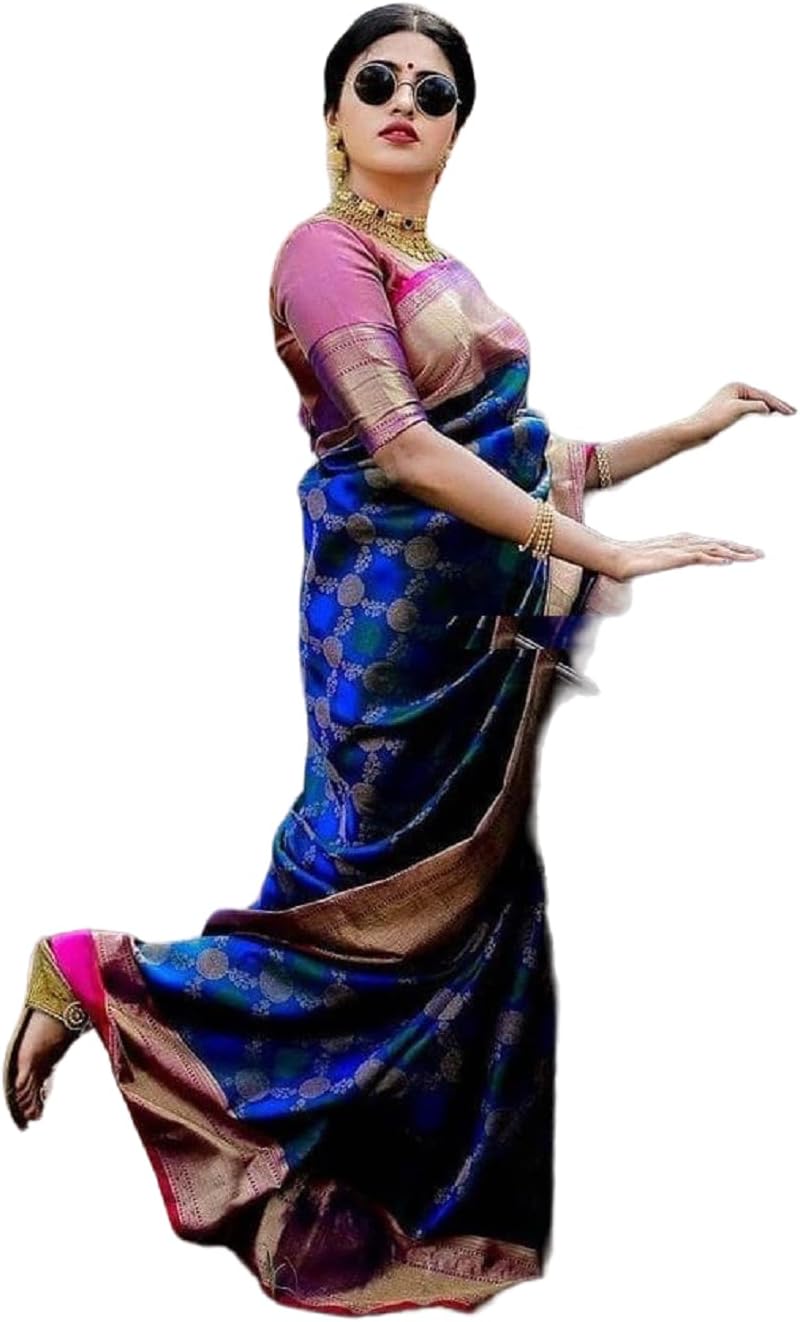 Banarasi Soft Silk Saree Contrast Running With Exclusive Jacquard Border Saree Length: 5.5 Meter Blouse Length: 0.8 Meter, (Navy Blue, Purple)