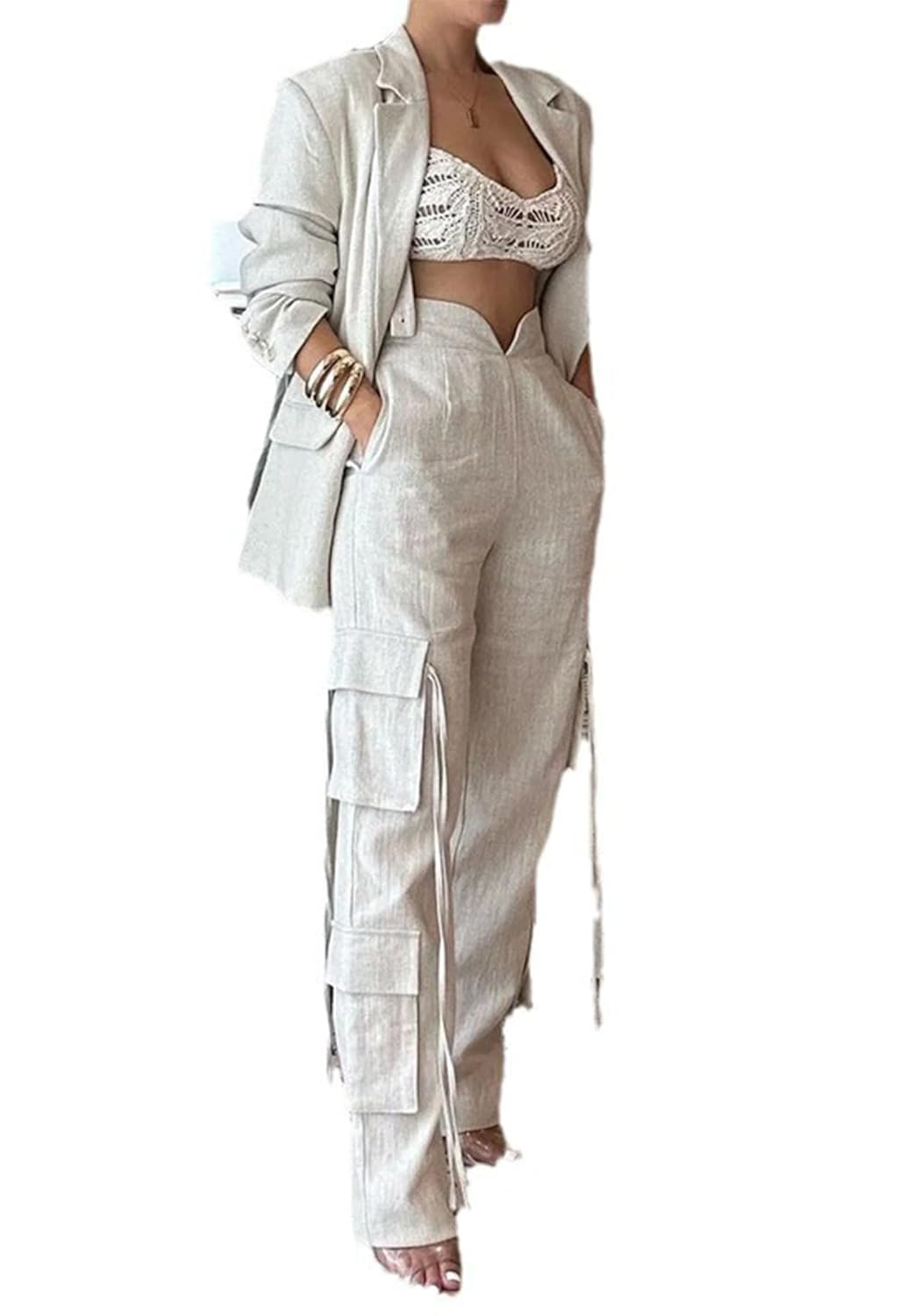 Ecirod Womens Fall Sets 2 Piece Outfits Business Casual Oversized Blazer Jacket Wide Leg Cargo Work Pants with