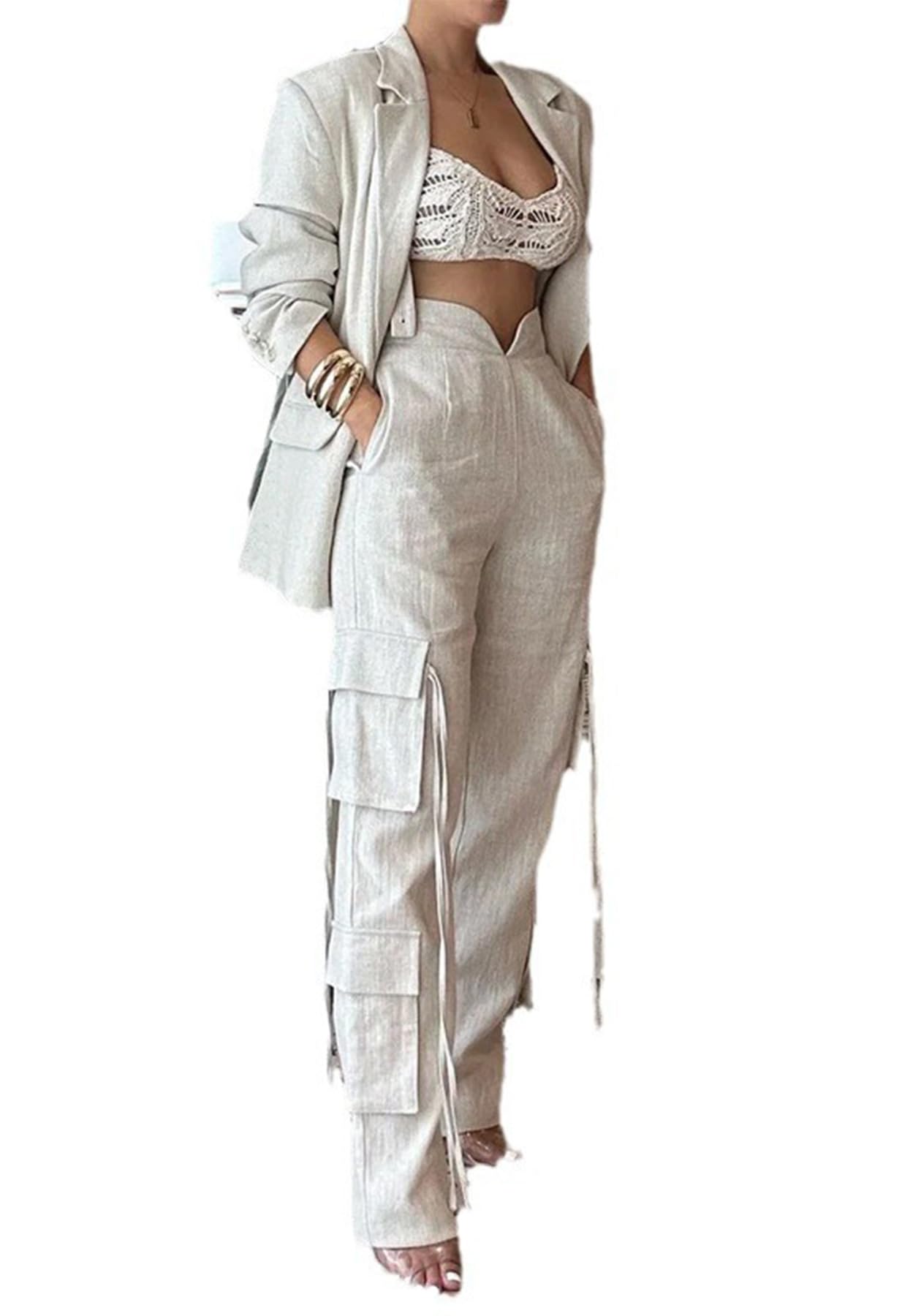Ecirod Womens Fall Sets 2 Piece Outfits Business Casual Oversized Blazer Jacket Wide Leg Cargo Work Pants with