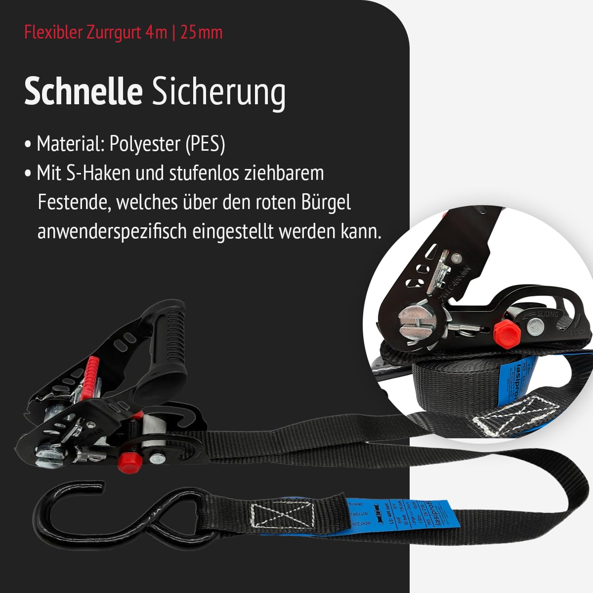 Spanngurt 25 mm, Länge 4,0 m in schwarz, flexibel einstellbares Festende mit S-Haken zur Ladungssicherung in Pkw, Anhänger und Kleintransporter (4)