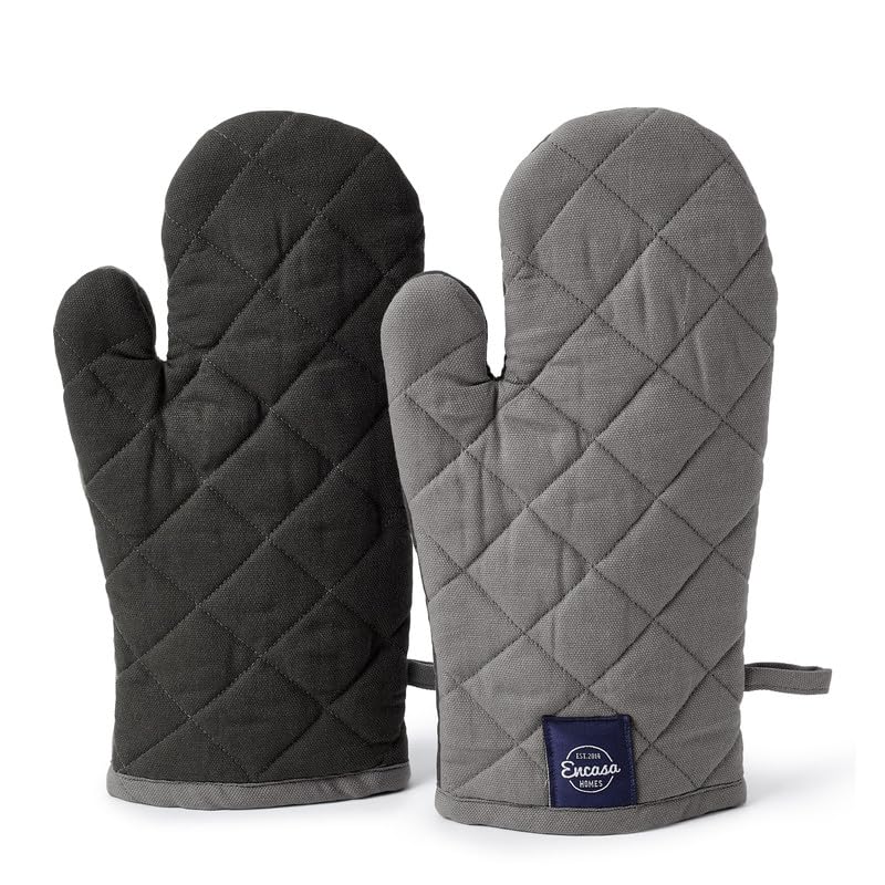 Encasa XO Heat Resistant Cotton Oven Gloves Mitts (2 Pc Set) - Quilted & Safe 12x6.6 in - for Kitchen, Cooking & Baking, Grilling, Handling Hot Pots & Pans - Grey