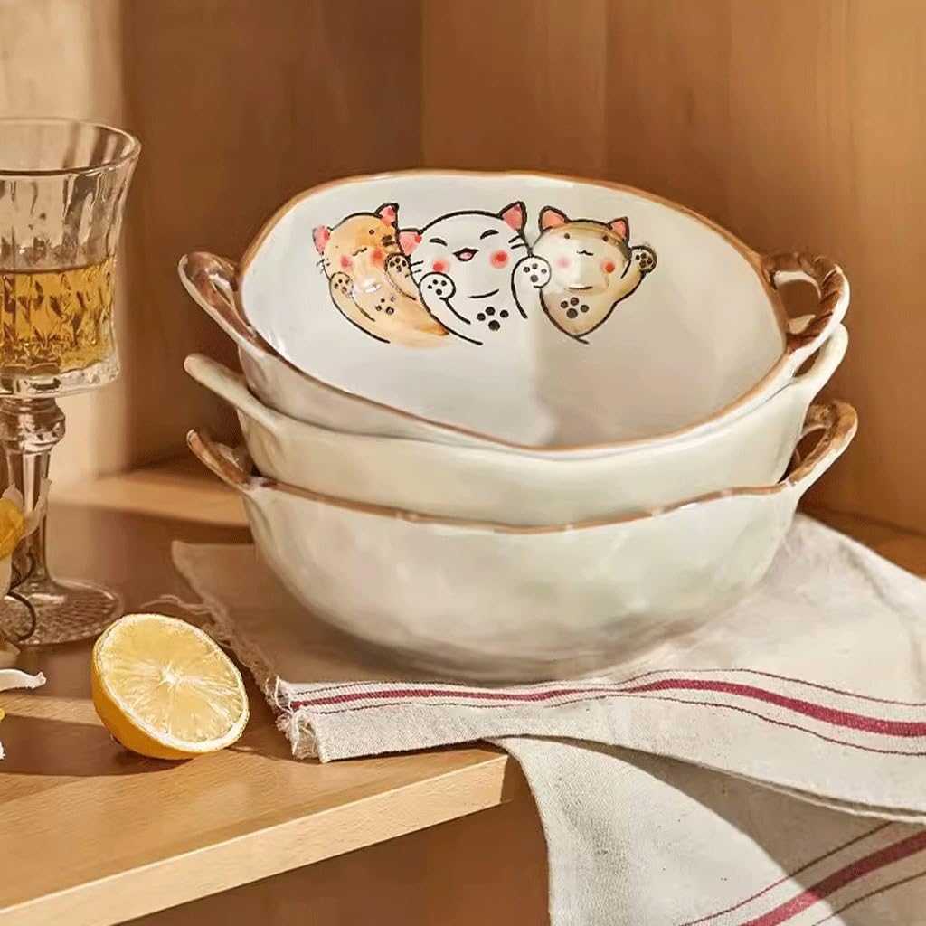 Suppenschüssel mit zwei Henkeln, Ramen-Schalen, Obstschale, Retro-Keramik, Doppelohrig, for Den Haushalt, Chinesische Nudelsalat-Suppe, Instant-Dinner-Teller