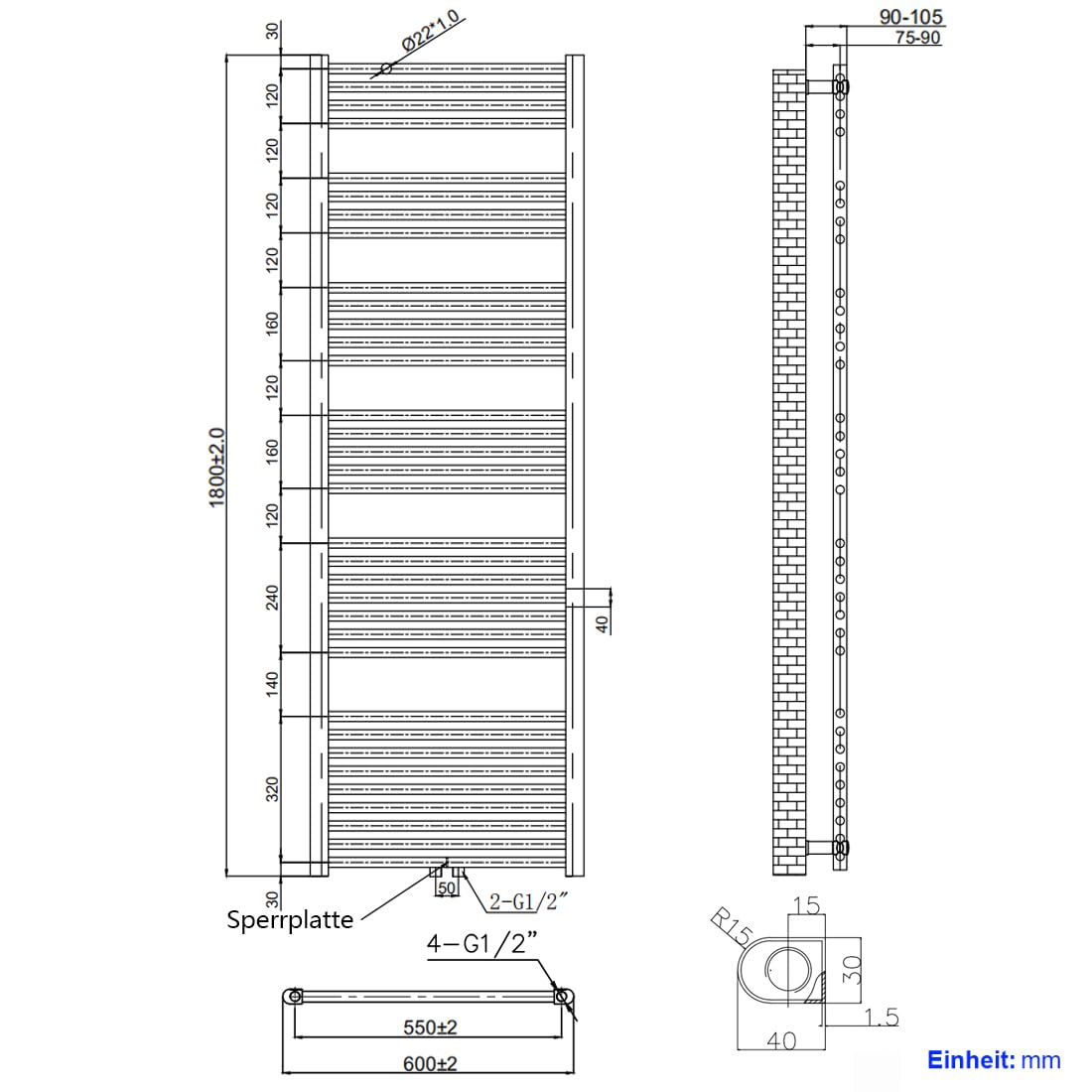 Heilmetz Badheizkörper Weiß Handtuchtrockner 1800 x 600 mm Heizung Mittelanschluss