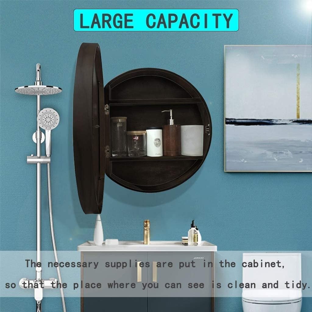 Round Bathroom Mirror Cabinet with Wood Frame, Wall-Mounted Makeup Vanity Mirror, Large-Capacity Storage, Waterproof & Moisture-Proof Medicine Cabinet(28in)