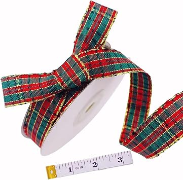 1" Christmas Ribbons Xmas Plaid Ribbons Craft Ribbon Checked Ribbon Bows Wrapping Ribbons with Measuring Tape for Christmas Party Decoration 25 Yards