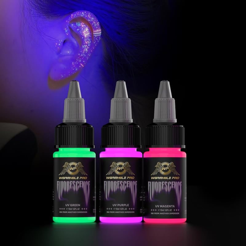 Tinta para tatuagem WORMHOLEPRO com 3 cores fluorescentes, verde, roxo e magenta, 3 frascos de 15 mL