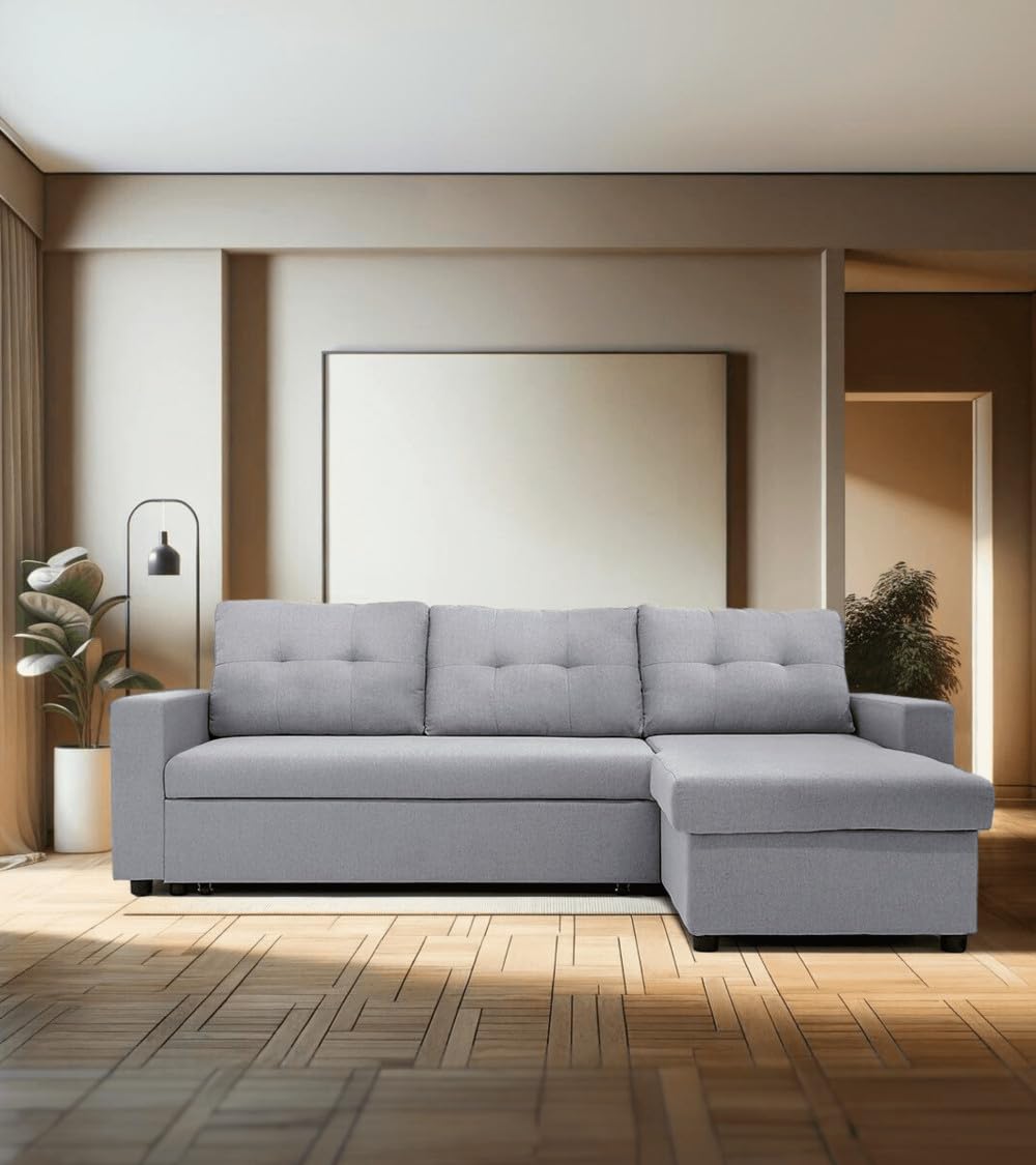 SWEET SOFA® Sofá Cama Chaise Longue 230 x 148 x 90 cm de 3 Plazas CLONY II - Sofá con Asientos Deslizantes, Tapizado en Tela en Gris