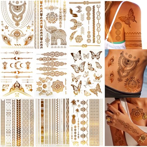 NebulaGlam Tatuajes Temporales Metálicos con 110+ Diseños, 9 Hojas Tatuajes Temporales Adultos Impermeables, Hojas Pegatinas de Tatuaje, con Mariposa, Elefante para Adultos y Niños (A)
