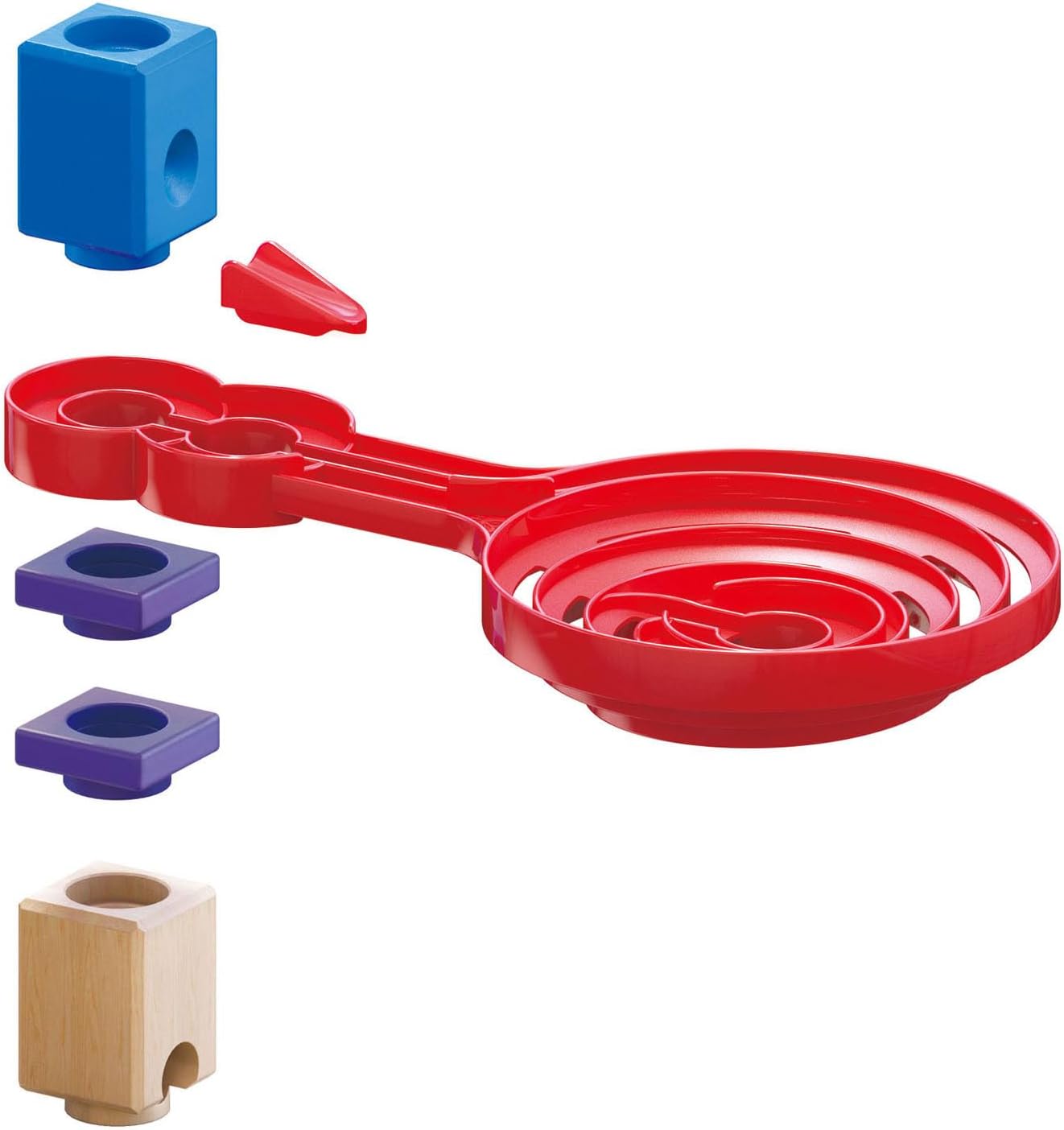 Close-up of the Hape Double Sided Spiral Twist Toy in action, showing marbles moving along the track