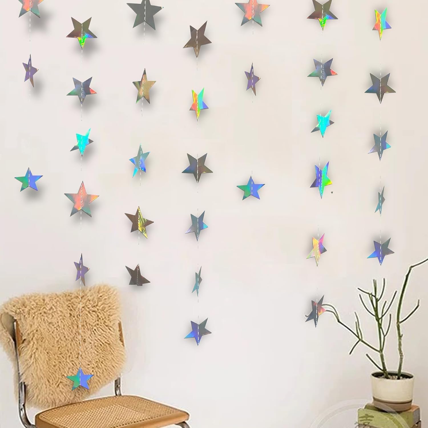 4-Pack Star Garland, Iridescent Star Garland Banner, 52 Feet Twinkle Twinkle Little Star Decorations for Christmas,4"x13ft Each,Holiday Party Hanging Decor,Birthday Decorations,Graduation Decorations