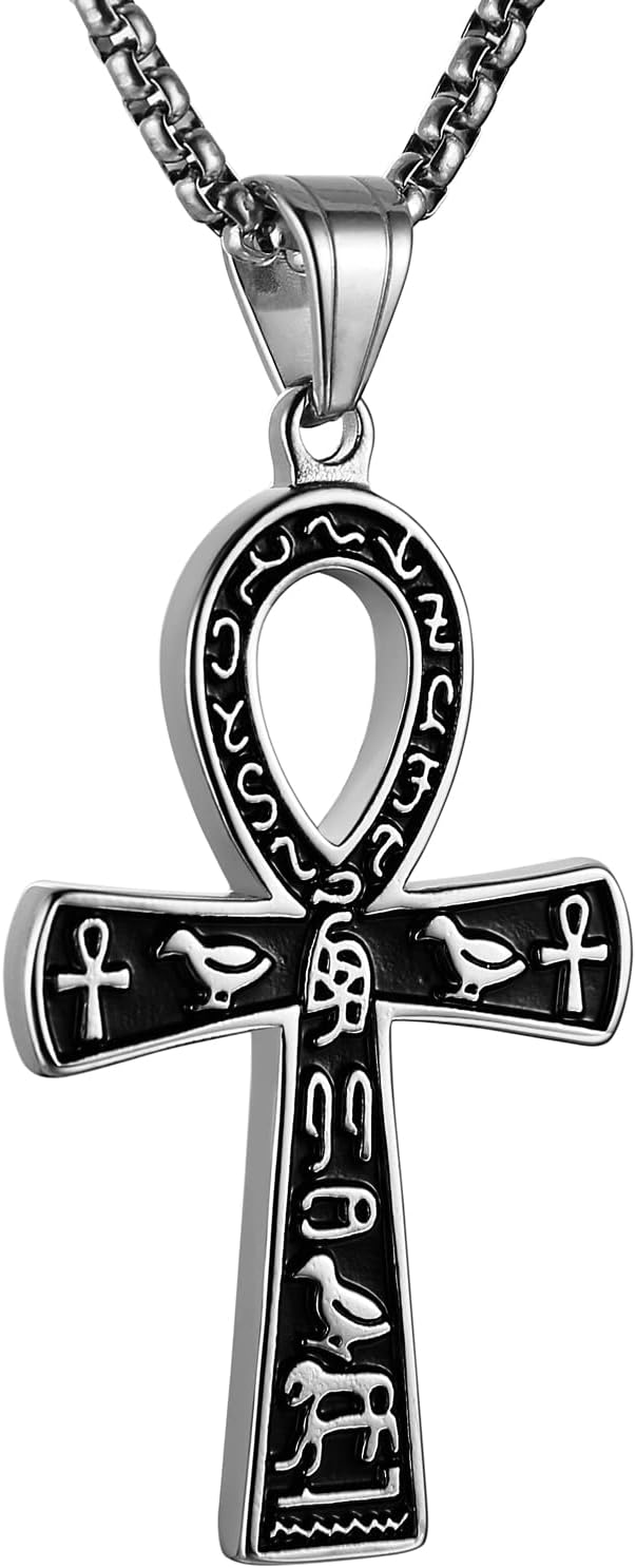 HZMAN Stainless Steel Large Ankh Cross Pendant Ancient Egyptian Hieroglyphic Symbol 22+2 Inch Chain