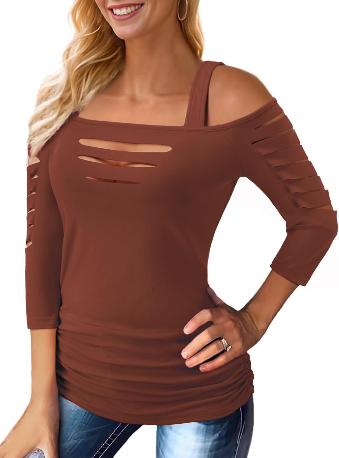 Bellelily Womens Sexy Tops Cut Out Cold Shoulder Half Sleeve Shirts Square Neck Hollow Out Ruched Concert Rock Tee Blouse