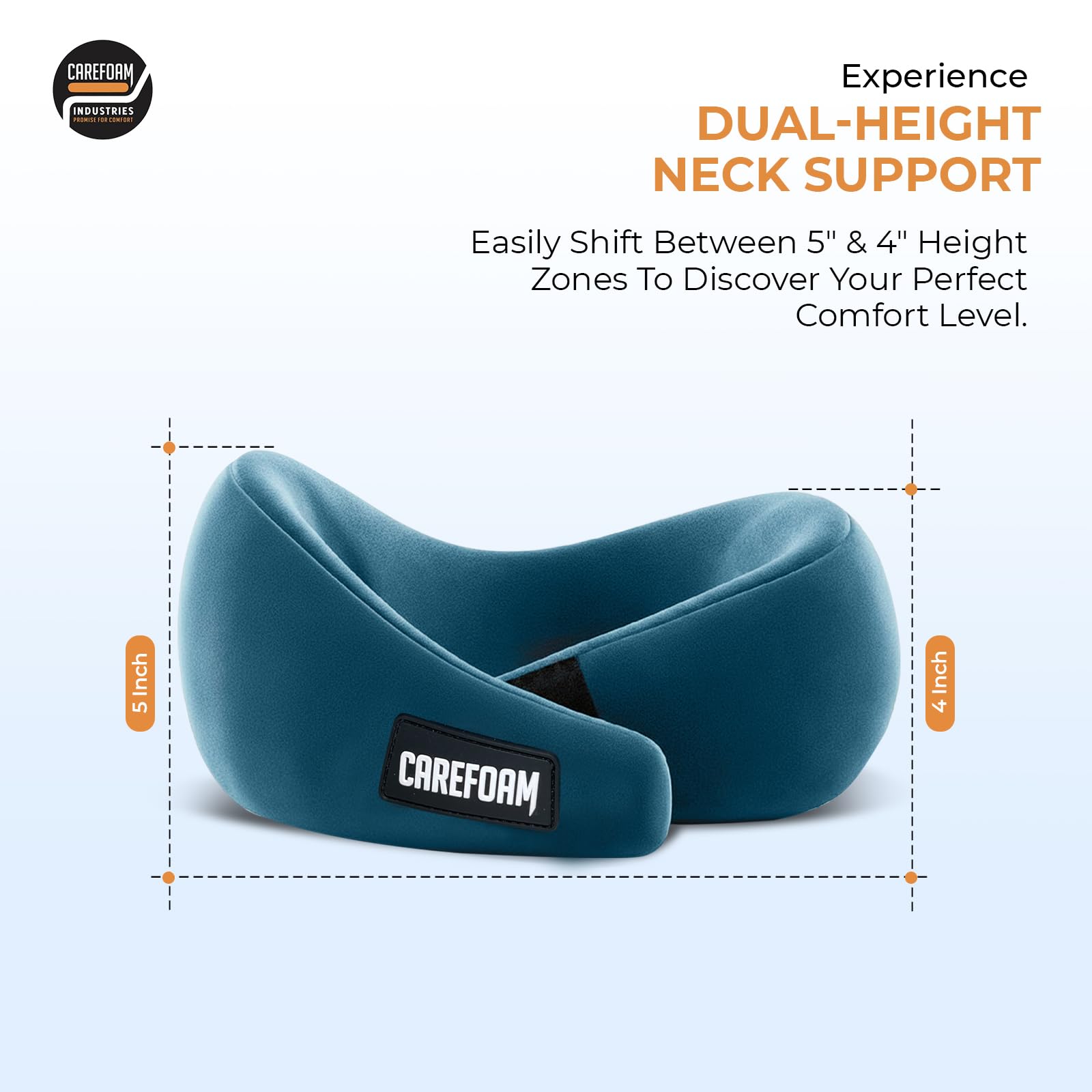 CareFoam Virgin Memory Foam Travel Neck Pillow for Airplane, Car & Train – Dual Height (5" & 4") 360° Neck Support with Adjustable Velcro Fastening & Ultra-Soft Velvet Cover