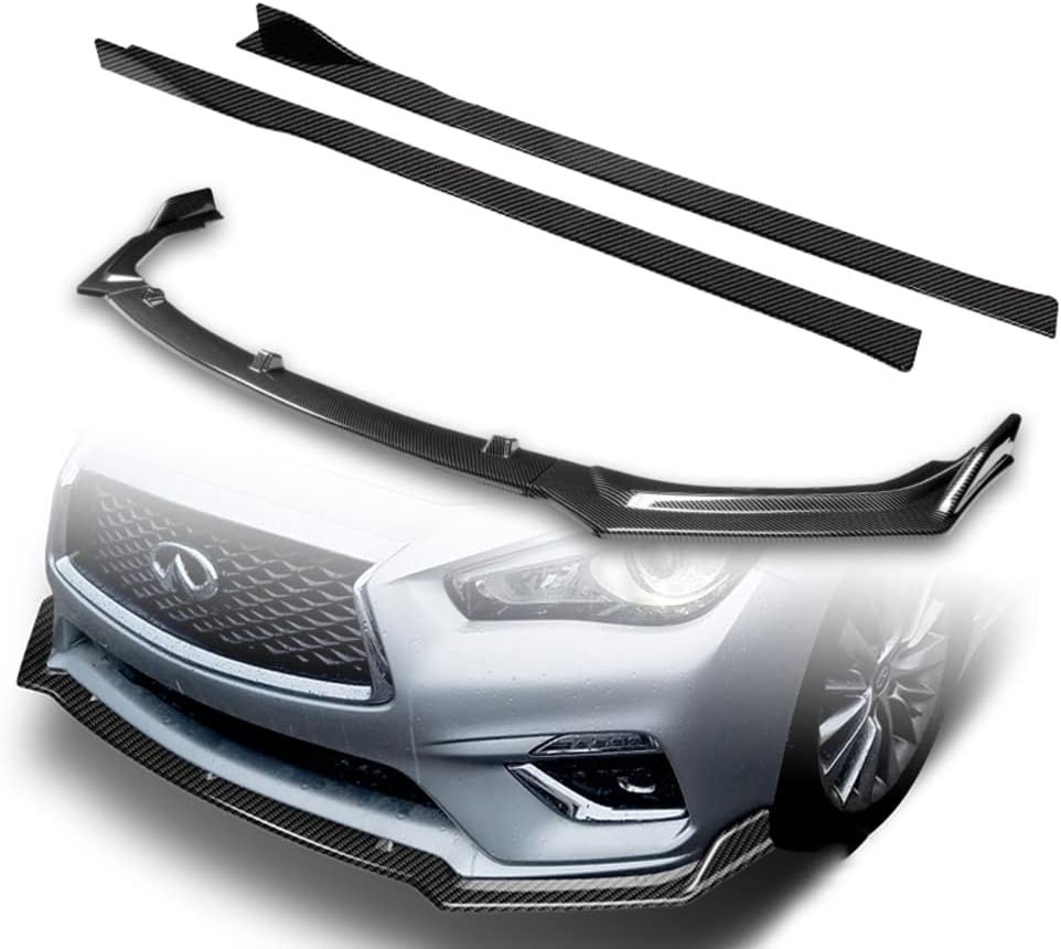 9-Piece Front Bumper Lip & Side Skirt Extensions Diffuser Compatible with 2018 2019 2020 2021 2022 2023 2024 Infiniti Q50 Premium, Front Bumper Lip Spoiler Air Chin Body Splitter ABS (Painted Carbon)