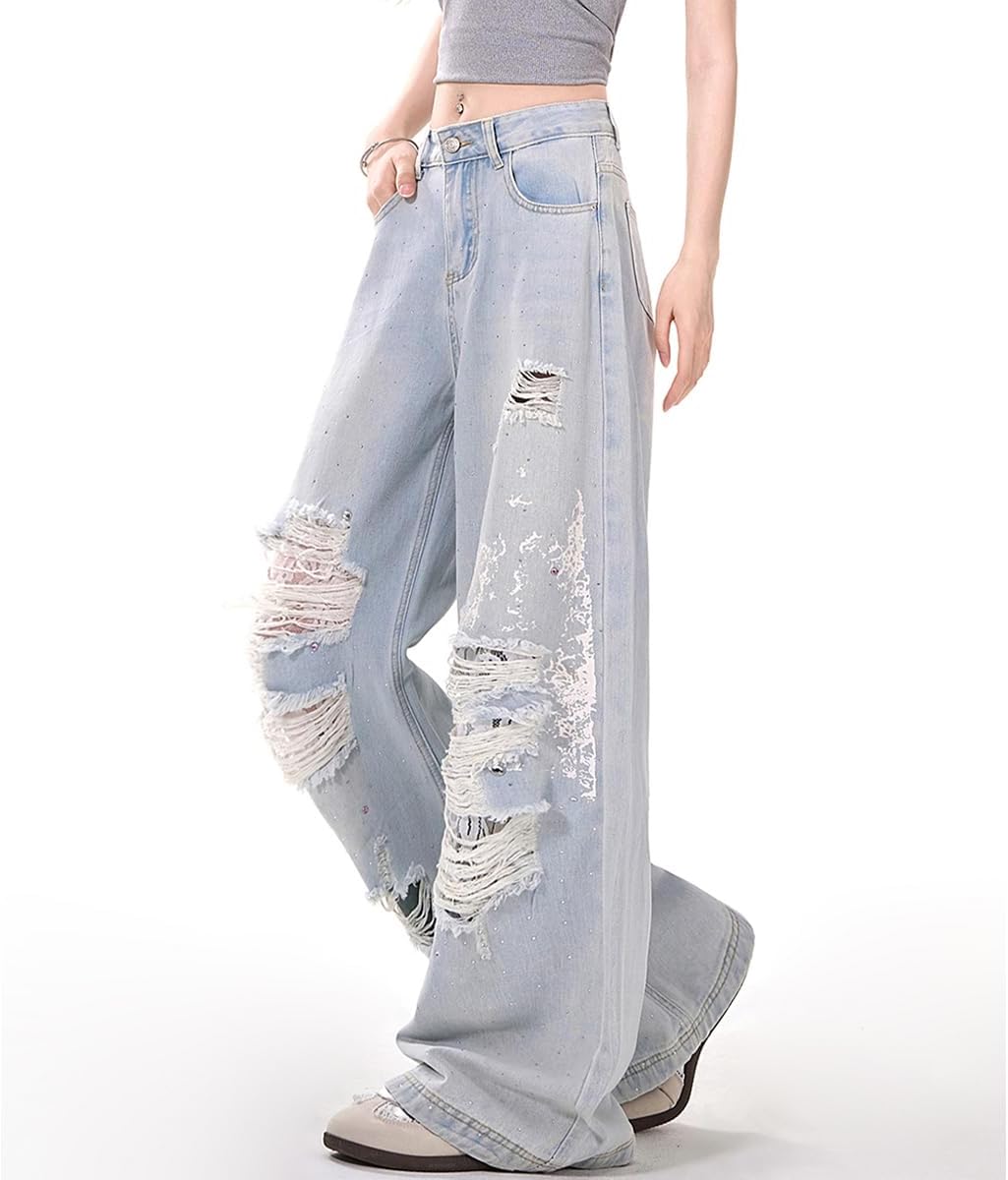 Vintage Cute High Waisted Straight Leg Denim Pants Fashion Y2K Lace Rhinestone Printed Ripped Fringe Jeans - Image 4
