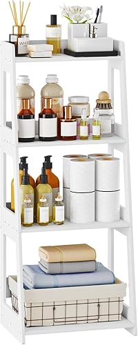 Miniatura 11 de Estante de escalera de baño de 3 niveles independiente, estantes de piso blancos, estantería abierta, mesita de noche pequeña para estudio en el