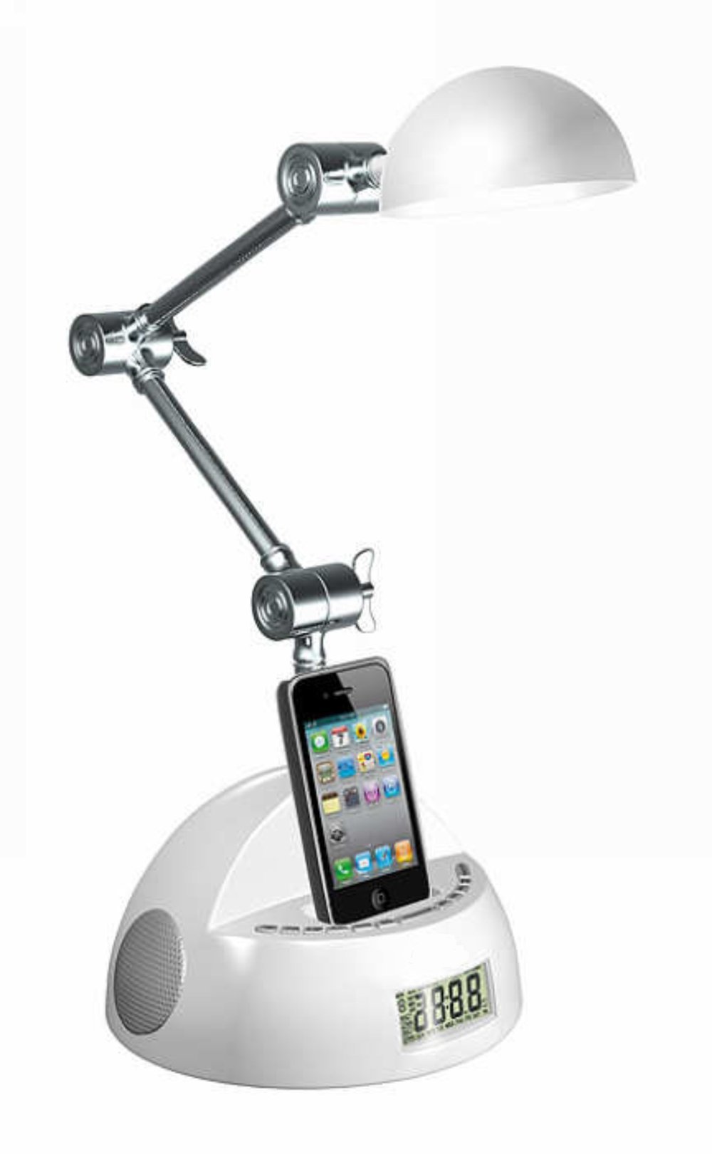 LighTunes LS1003-WHT-AD Apple Docking Adjustable Robot Speaker Lamp with Alarm Clock, FM Radio and USB Charging Port, White