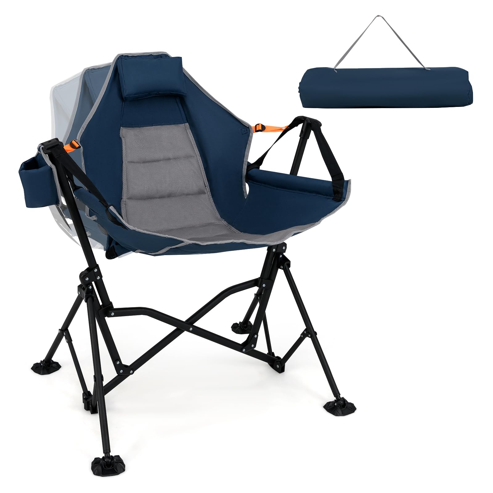 GOPLUS Chaise de Camping Hamac Portable, Chaise à Bascule Balancelle 90-150° avec Siège Rembourré et Appui-Tête, Dossier Réglable, Porte-Gobelet, Pliable pour Camping, 88 x 71 x 90 cm (Bleu)