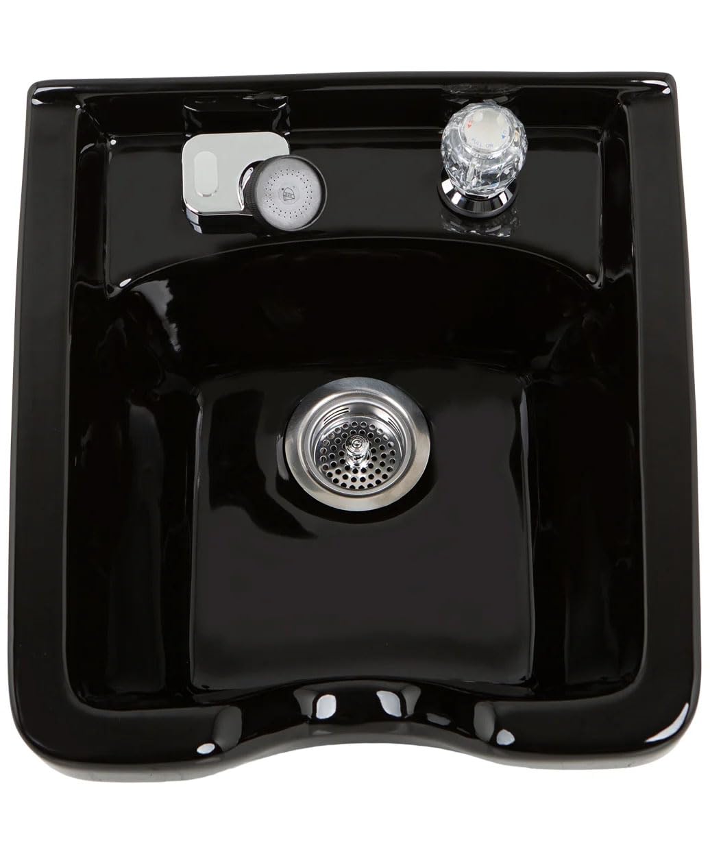 Pibbs Heavy-Duty Black Porcelain Shampoo Bowl for Professional Salons, Single-Handle Faucet, Spray Hose & Hardware. Wall-mounted design, PIB-5300