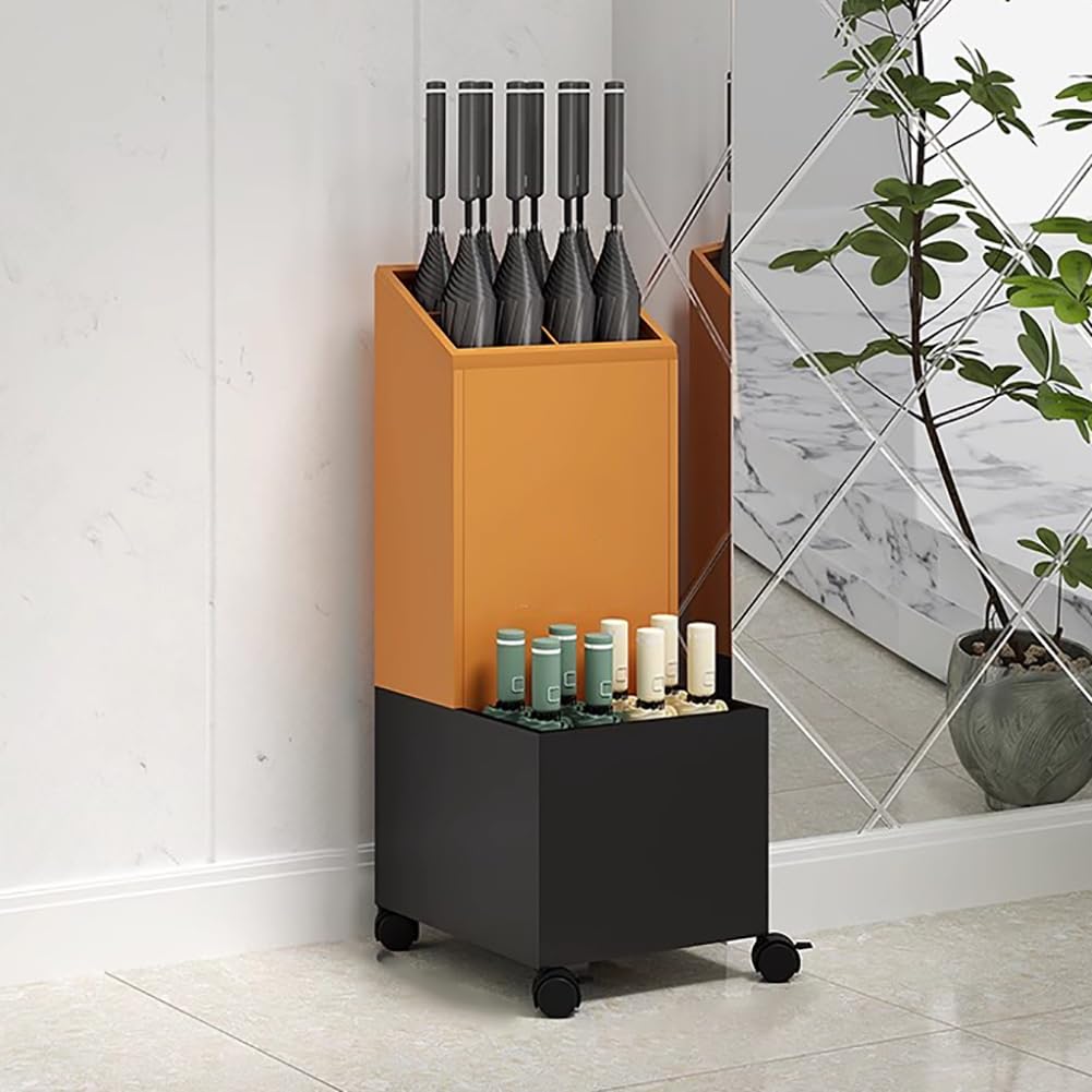 BHFPFZA Large Capacity Wrought Iron Umbrella Stand with Removable Drip Tray, Portable Metal Umbrella Holder on Wheels for Commercial Entryway, Stylish & Functional Storage Solution