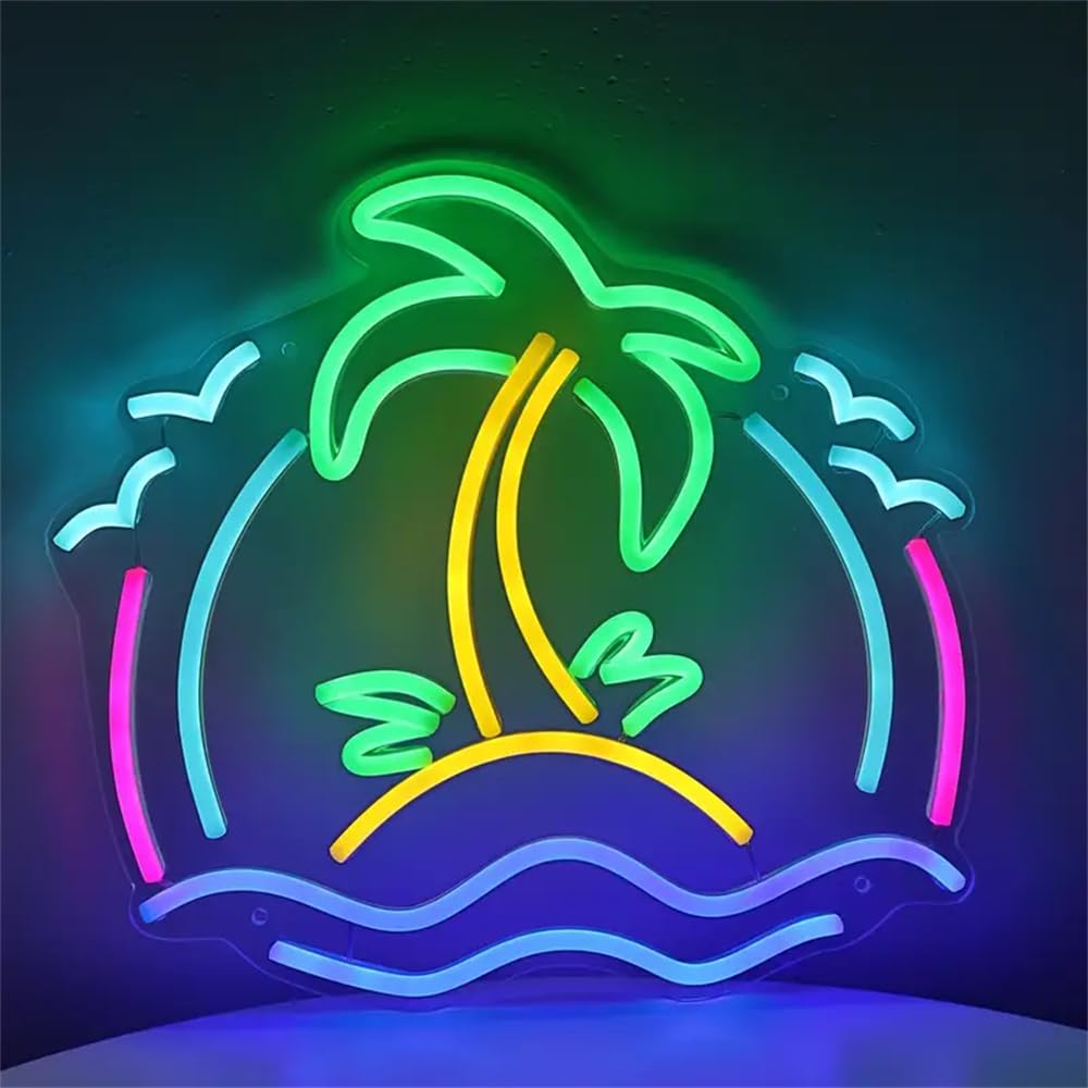 Panneau néon LED alimenté par USB en forme de cocotier et scène de plage pour fêtes, bière, bar, café, plage, paysage naturel, décoration pour boissons froides, lait, thé